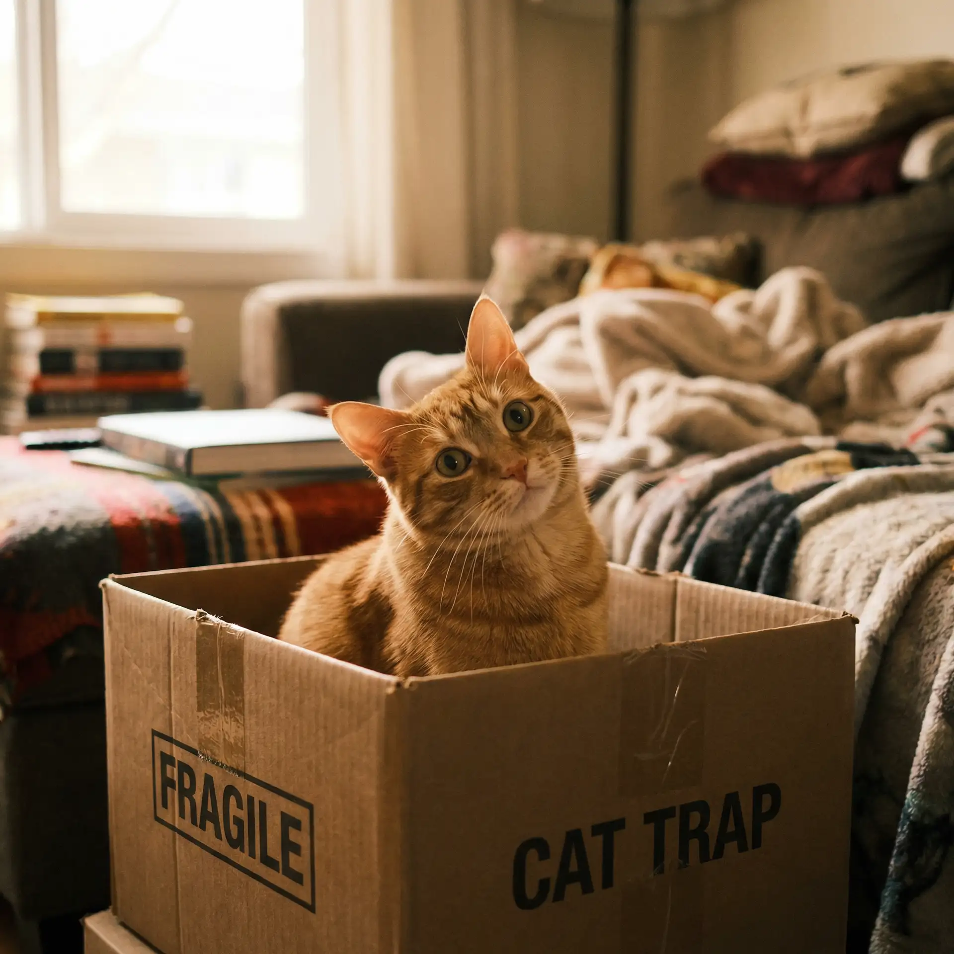 橘猫躲在纸箱里 - 监禁的时间